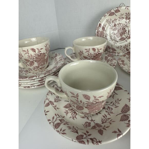 Red / Pink Transferware Cup and Saucer EIT England Roses Floral 15 Pieces - Picture 3 of 8